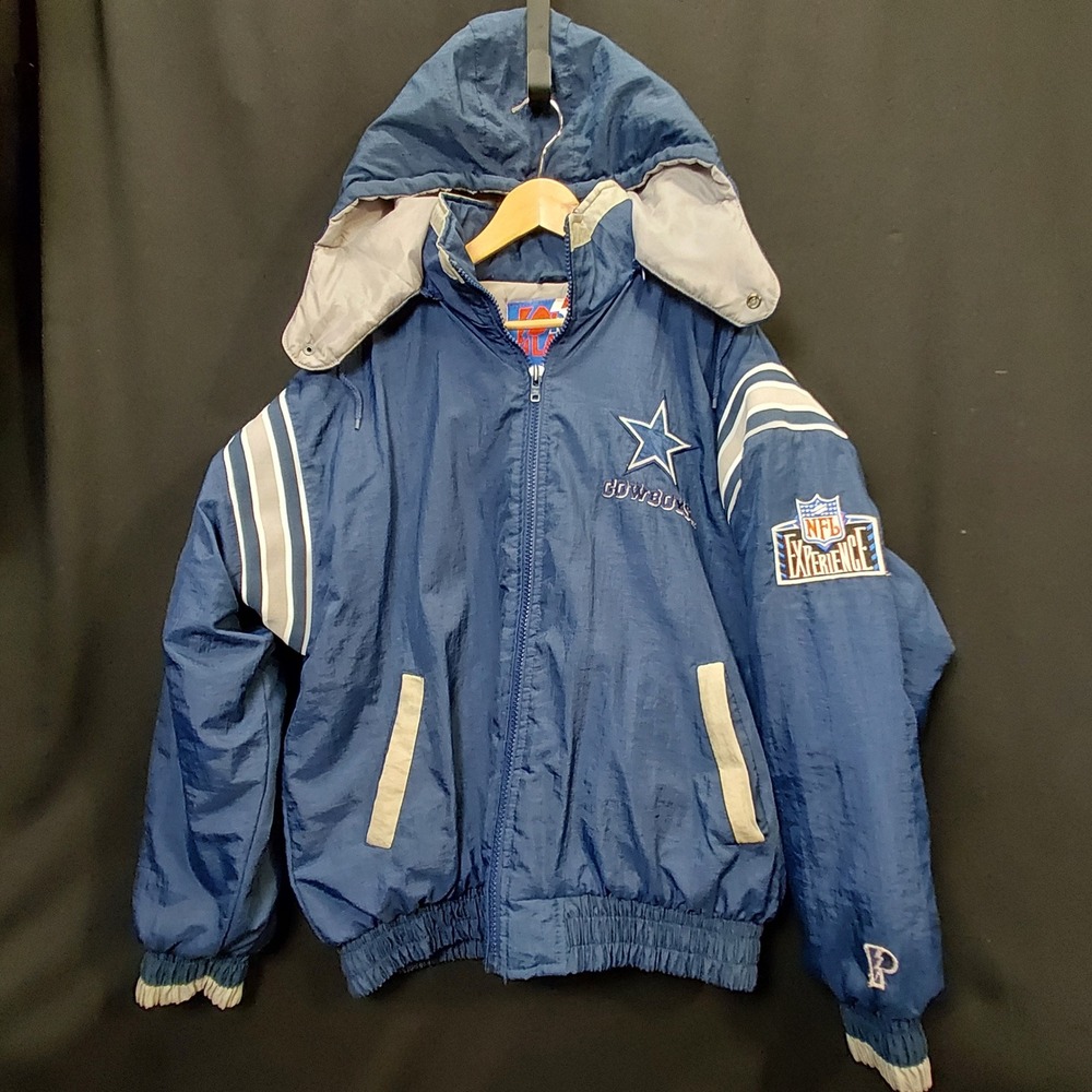 VTG 90s Pro Player Dallas Cowboys NFL Experience Hooded Puffer Jacket Navy Large